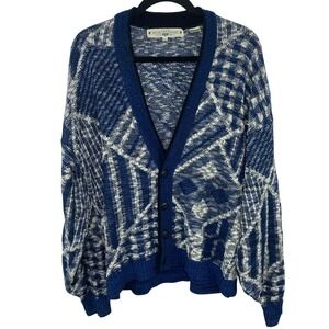 VTG AMERICAN CRUSADER Knit Cardigan Sweater Men's L Blue White Patchwork Grandpa